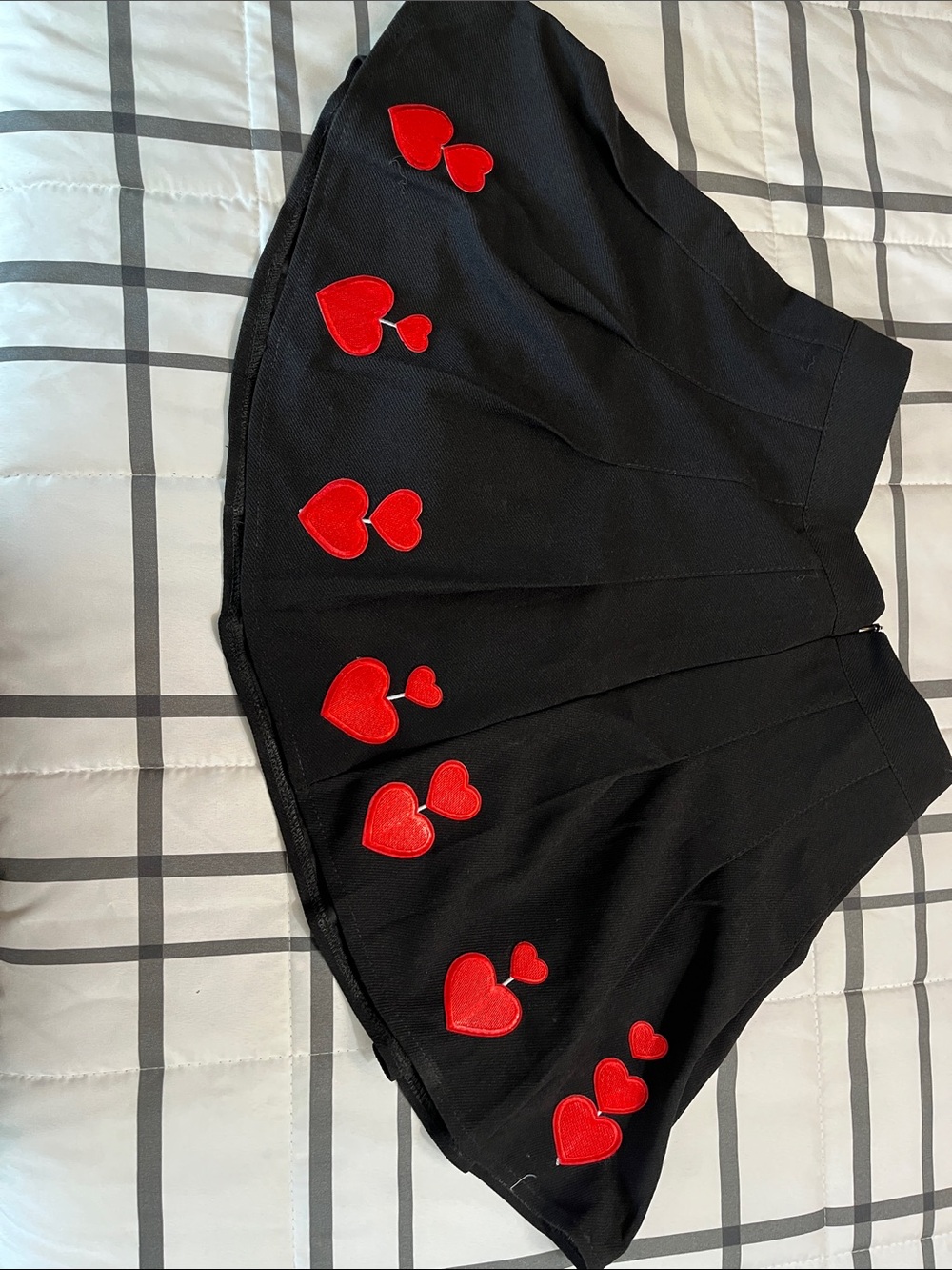 Black Skater Mini Skirt with Red Heart Appliqués by